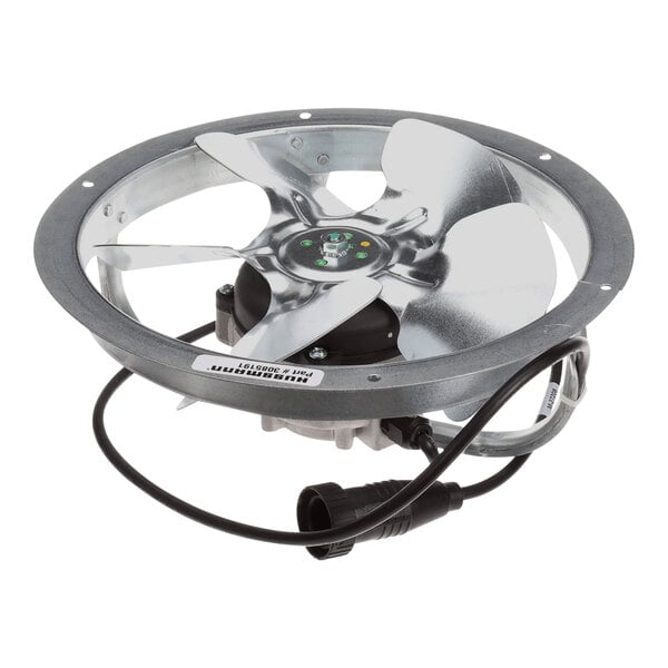 A metal fan assembly with an 8.25-inch diameter and attached power cord.