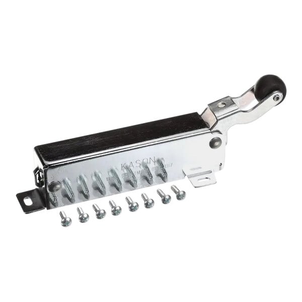 A metal door closer body with an attached handle and a row of screws.