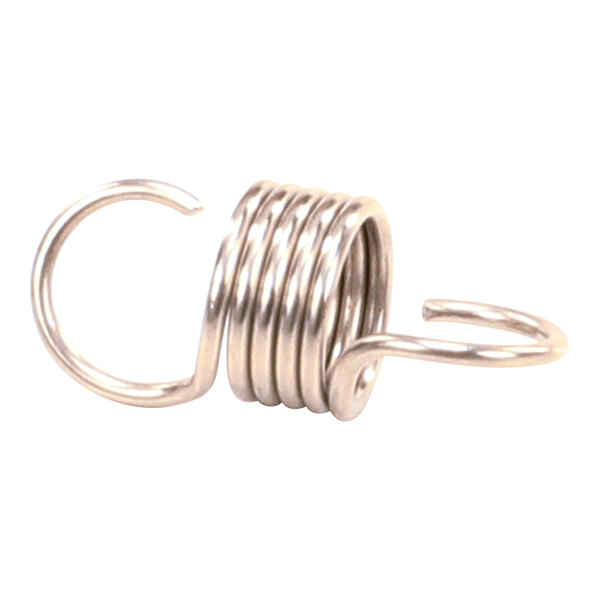 A small metal extension spring with coiled wire and open hooks on both ends.