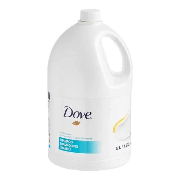 A large 5-liter bottle of Dove Hydrating Care shampoo.