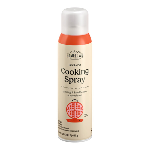 A 16 oz. can of Hometown Provisions Panini Grill and Waffle Iron Release Cooking Spray.