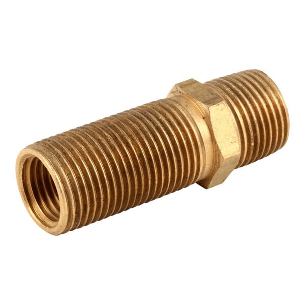 A brass hex nipple pipe fitting with threaded ends.