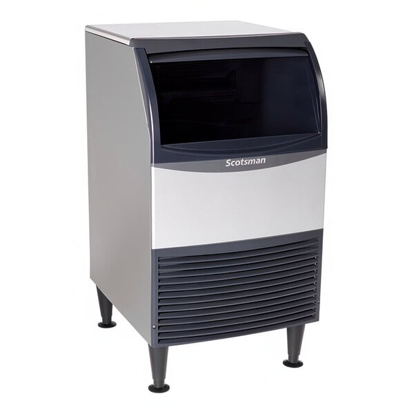 A commercial undercounter nugget ice machine with a built-in storage bin.