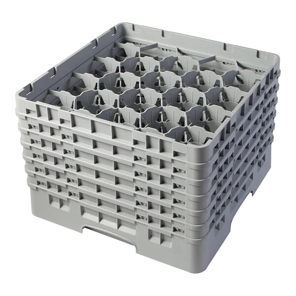 A gray plastic glass rack with 20 compartments and 6 extenders for holding and washing glassware.