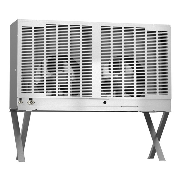 A large, rectangular air-cooled remote ice machine condenser with a metal vented exterior and angled support legs.
