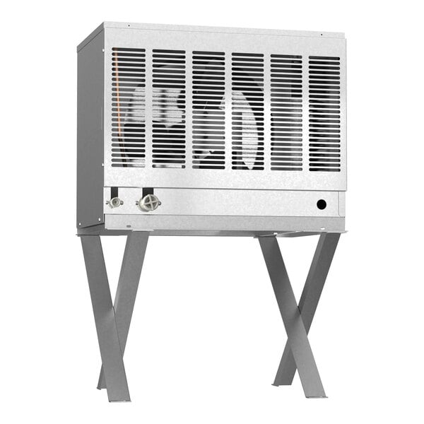 A metal air-cooled remote ice machine condenser on a stand.