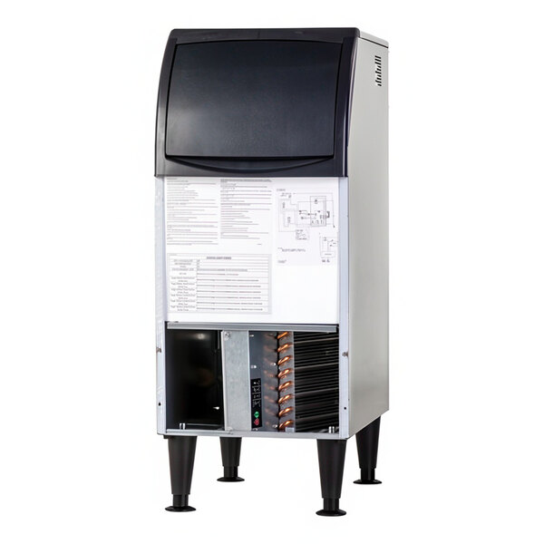 A commercial undercounter nugget ice machine with a black top door and a visible lower compartment for components.