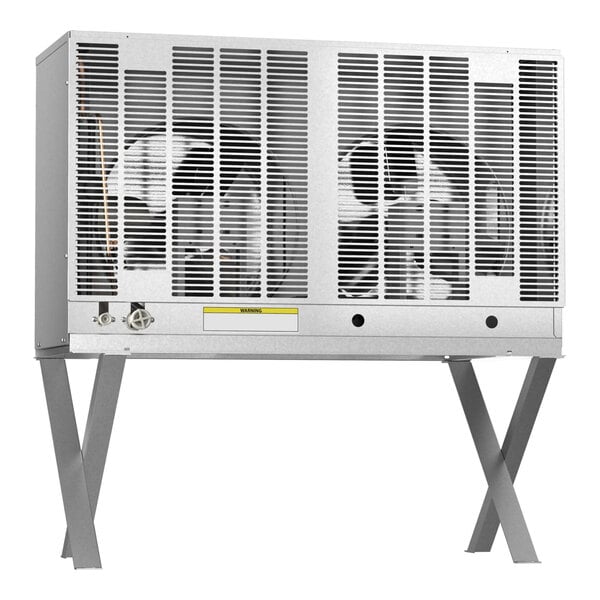 A large, rectangular air-cooled remote ice machine condenser with a metal grille and angled support legs.