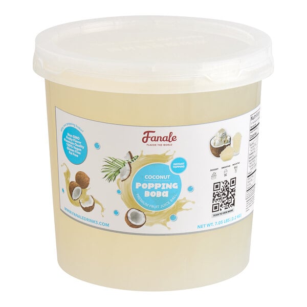 A large plastic tub of Fanale Coconut Popping Boba weighing 7.05 pounds.