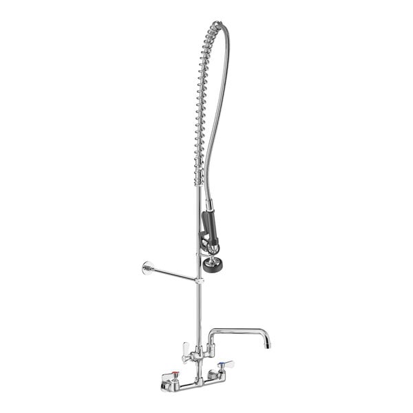 A wall-mounted pre-rinse faucet with an 8-inch center and a 12-inch add-on faucet, featuring a flexible hose and spray nozzle.