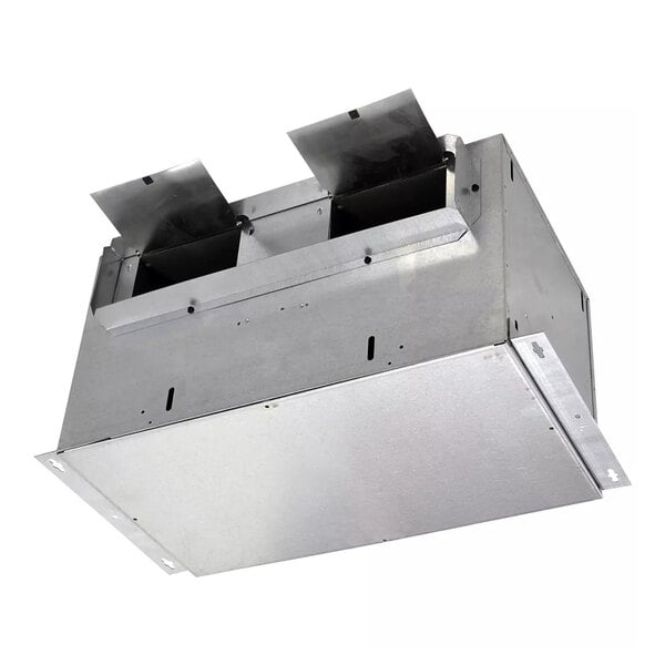 A metallic rectangular commercial inline exhaust fan unit with two upward-facing vent openings and a flat bottom panel.