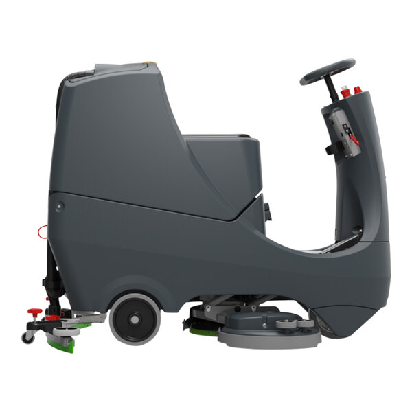 A ride-on floor scrubber with a steering wheel and large cleaning brushes, designed for commercial cleaning.