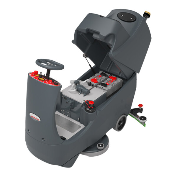 A ride-on floor scrubber with a steering wheel, open battery compartment, and a 28-inch cleaning path.