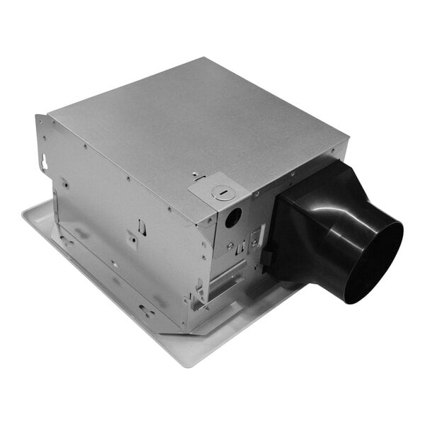 A metal box-shaped device with a black cylindrical vent attachment, likely part of a ventilation or exhaust system.