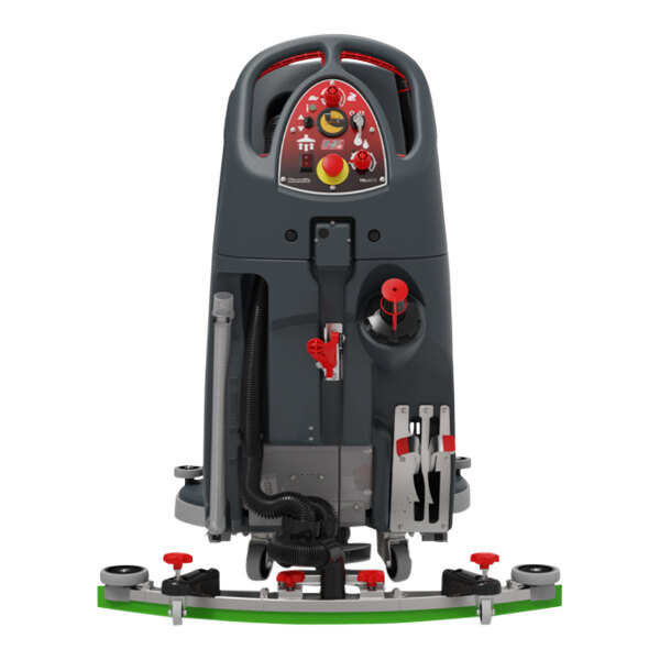 A commercial floor scrubber machine with a control panel, hoses, and attachments, designed for cleaning large floor areas.