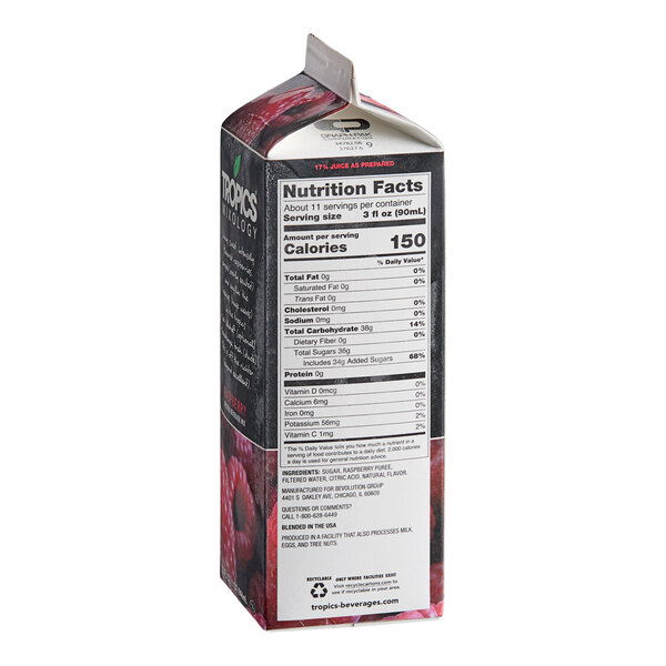 A carton of Tropics Mixology Raspberry Frozen Beverage Mix.