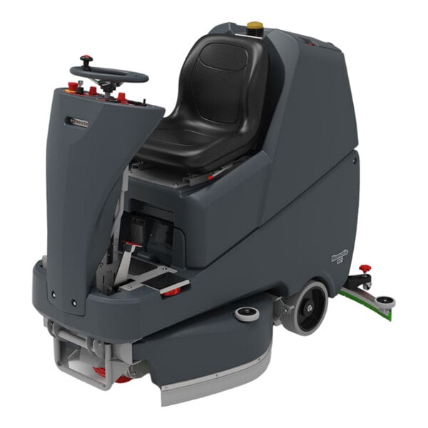 A ride-on floor scrubber machine with a seat, steering controls, and a large water tank.