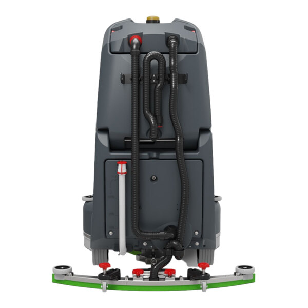 A large industrial ride-on floor scrubber machine with hoses and a squeegee attachment at the back.