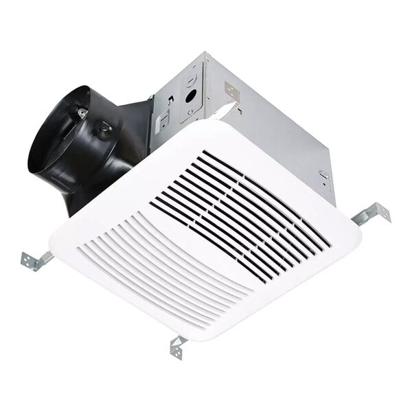 A ceiling-mounted bathroom exhaust fan with a white vent cover and metal housing.