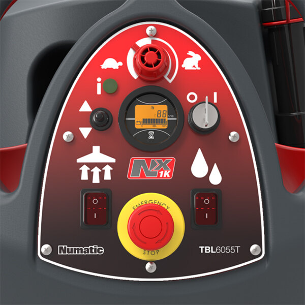 A control panel of a Numatic TBL6055T lithium-ion floor scrubber with various buttons, switches, and an emergency stop button.