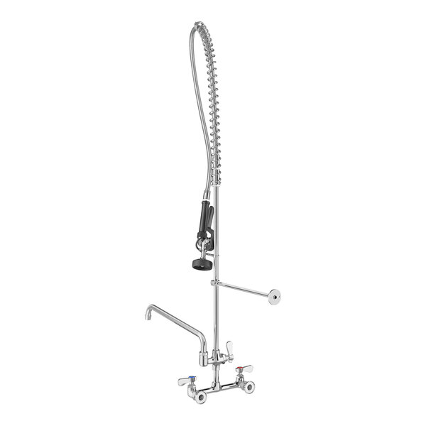 A wall-mounted pre-rinse faucet with an 8-inch center and a 14-inch add-on faucet, featuring a flexible hose and spray nozzle.