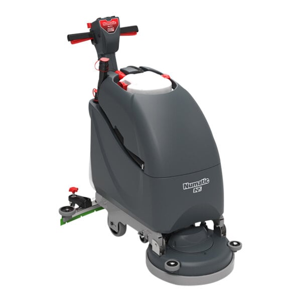A commercial walk-behind disc floor scrubber with a dark gray body and control handles, designed for cleaning large floor areas.