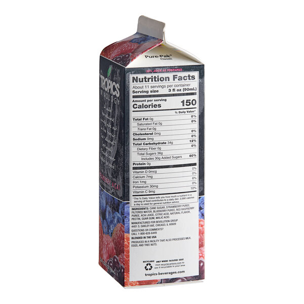 A 32 fl. oz. carton of Tropics Mixology Wildberry Acai Frozen Beverage Mix.