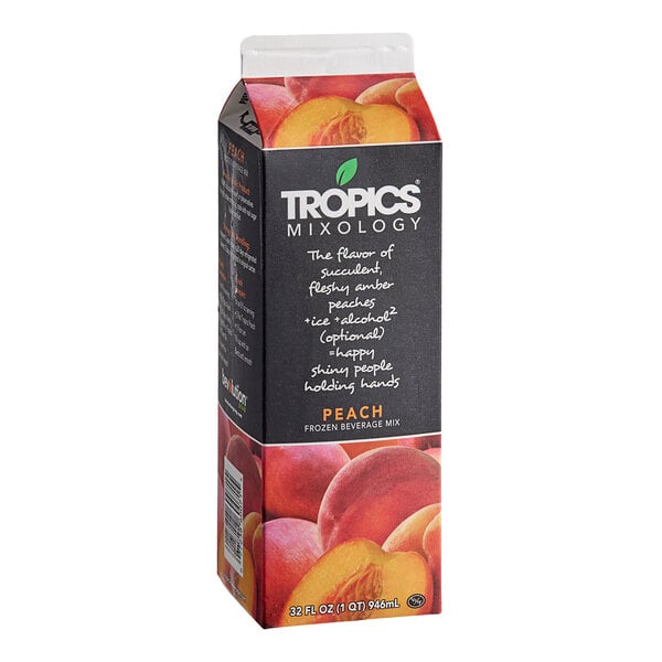 A 32 fl. oz. carton of Tropics Mixology Peach Frozen Beverage Mix featuring images of peaches on the packaging.