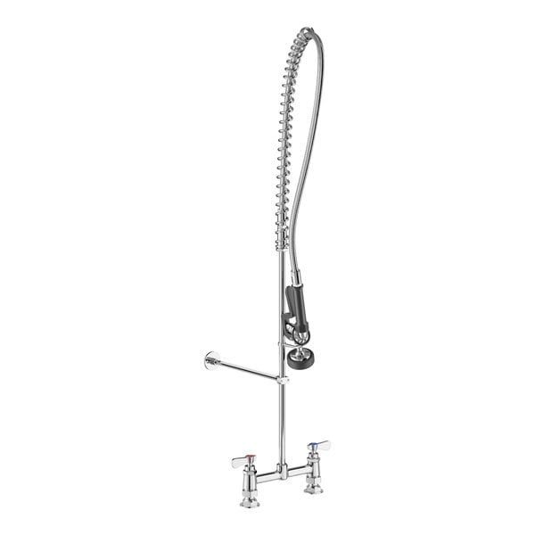 A deck-mounted pre-rinse faucet with an 8-inch center and a flexible spray hose.