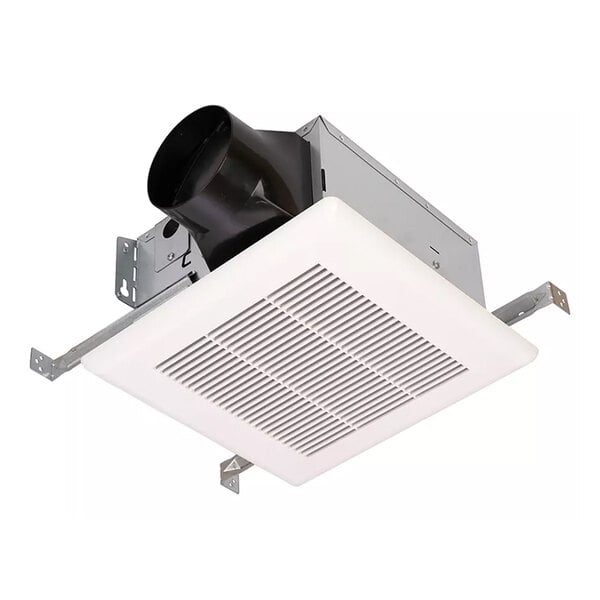 An ultra-quiet compact bathroom exhaust fan with a white grille and metal housing, designed for ceiling installation.