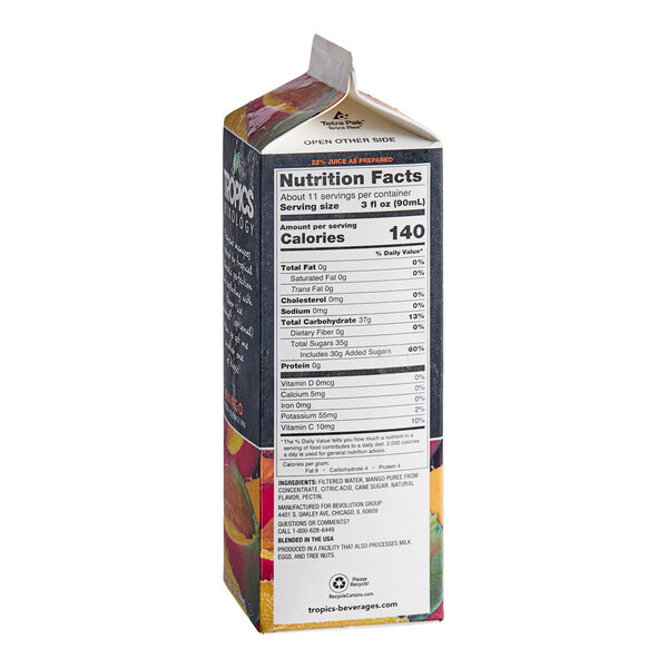 A carton of Tropics Mixology Mango Frozen Beverage Mix.