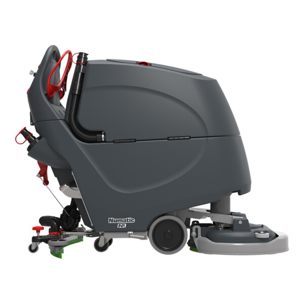 A large, gray walk-behind disc floor scrubber machine with a compact design and visible control handles.