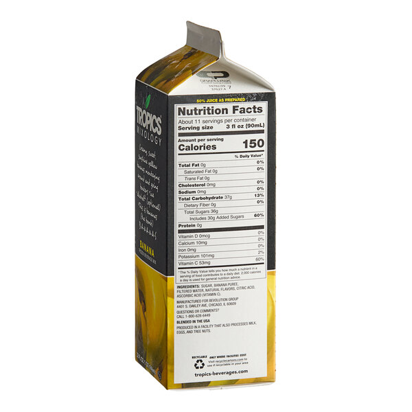 A carton of Tropics Mixology Banana Frozen Beverage Mix.