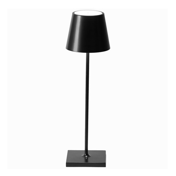 A black cordless rechargeable table lamp with a conical shade and square base.