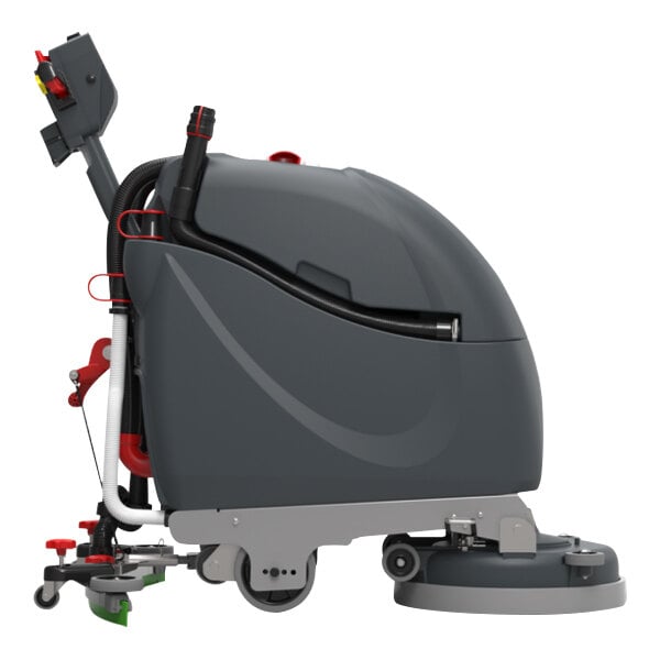 A commercial walk-behind floor scrubber with a disc brush and a large water tank.