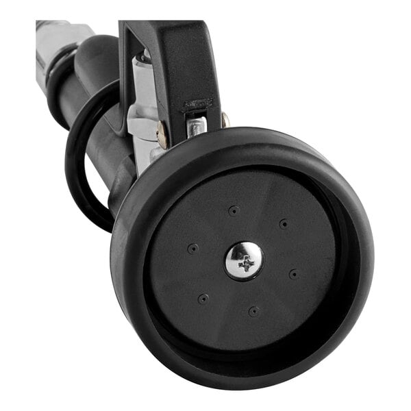 A pre-rinse spray valve with a black circular nozzle and an attached flexible hose.