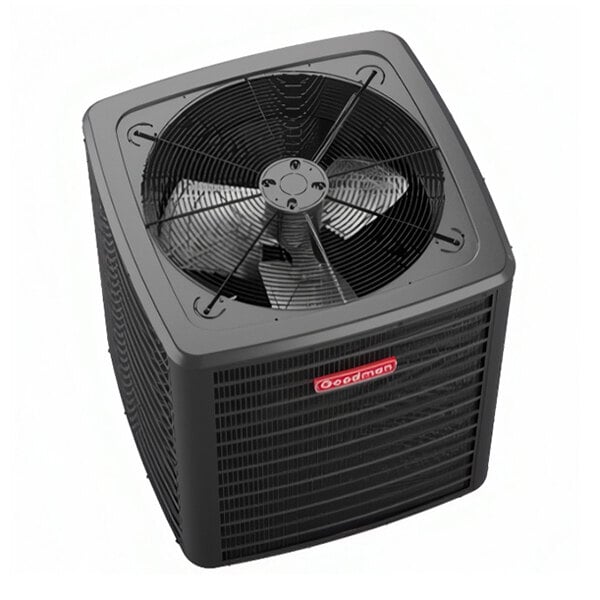 A Goodman 2 ton single-stage split system air conditioner unit with a black exterior and top-mounted fan.