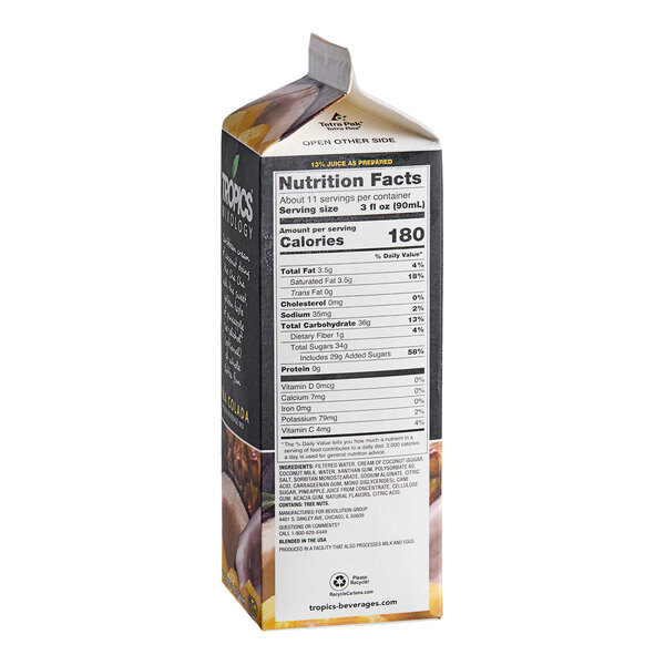 A 32 fl. oz. carton of Tropics Mixology Pina Colada Frozen Beverage Mix.