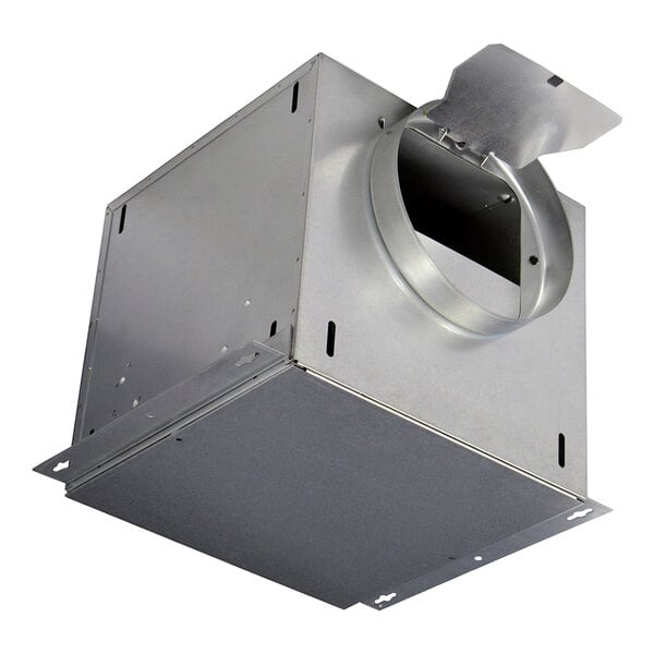 A metal commercial inline exhaust fan unit with a circular duct connection and a rectangular housing.