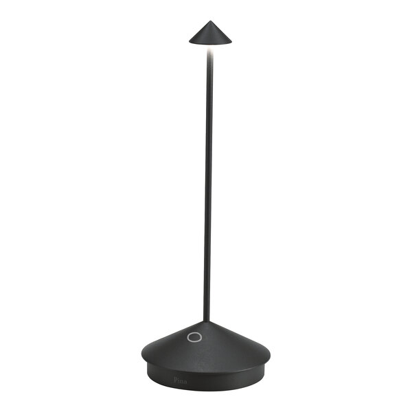 A black cordless rechargeable table lamp with a slim stem and conical shade.