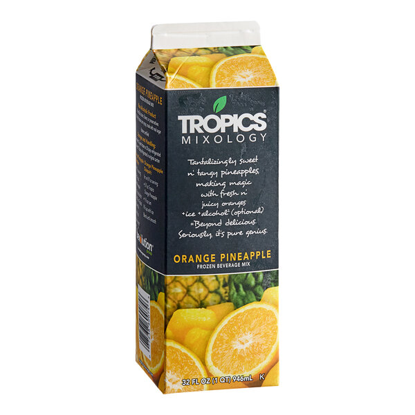 A 32 fl. oz. carton of Tropics Mixology Orange Pineapple Frozen Beverage Mix.