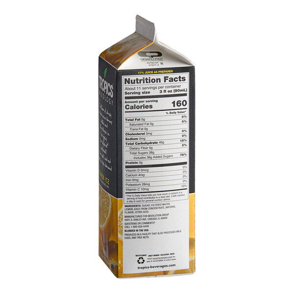 A 32 fl. oz. carton of Tropics Mixology Lemon Ice Frozen Beverage Mix.