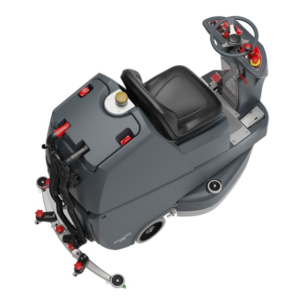 A ride-on floor scrubber machine with a steering wheel, seat, and control panel, designed for commercial cleaning.
