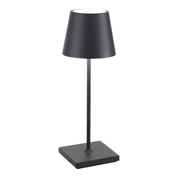 A dark gray cordless rechargeable table lamp with a square base and conical shade.