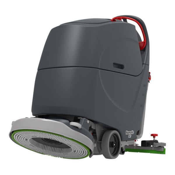 A commercial floor scrubber with a large cleaning brush, traction drive, and a lithium-ion battery.