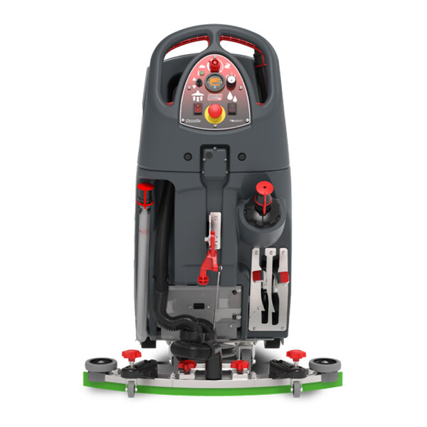 A commercial floor scrubber with a control panel, traction drive, and lithium-ion battery.