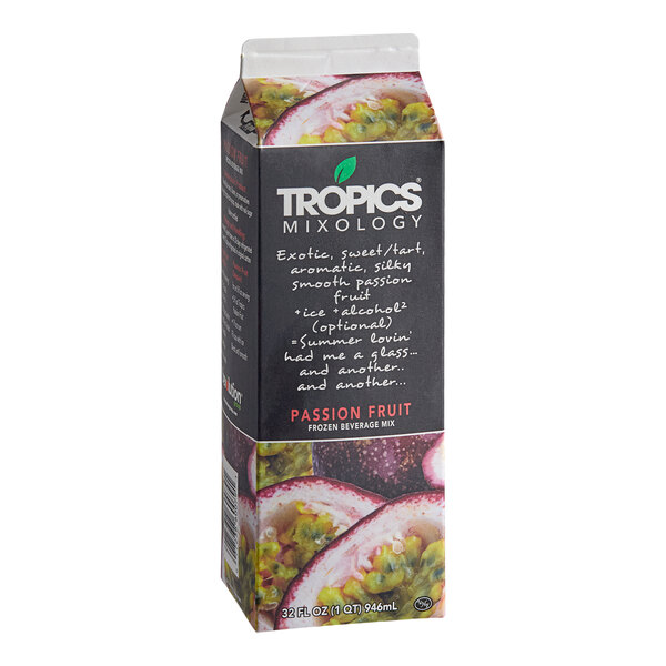 A 32 fl. oz. carton of Tropics Mixology Passion Fruit Frozen Beverage Mix.