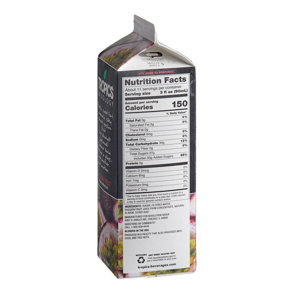 A 32 fl. oz. carton of Tropics Mixology Passion Fruit Frozen Beverage Mix.