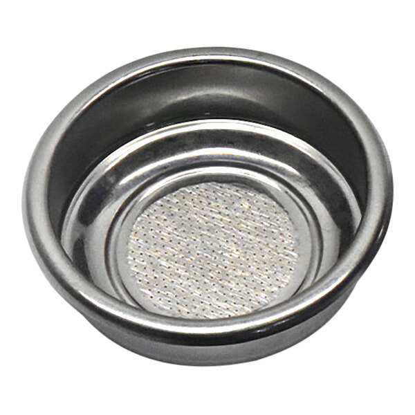 A stainless steel single filter basket for an espresso machine.