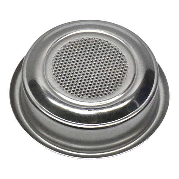 A metal single filter basket for an espresso machine.